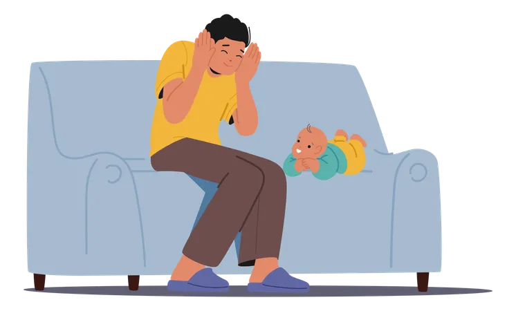 Father Enjoying Playtime With Newborn Baby On Comfortable Sofa Showing Bonding And Care  Illustration