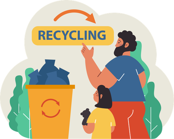 Father explaining recycling process to his daughter  Illustration