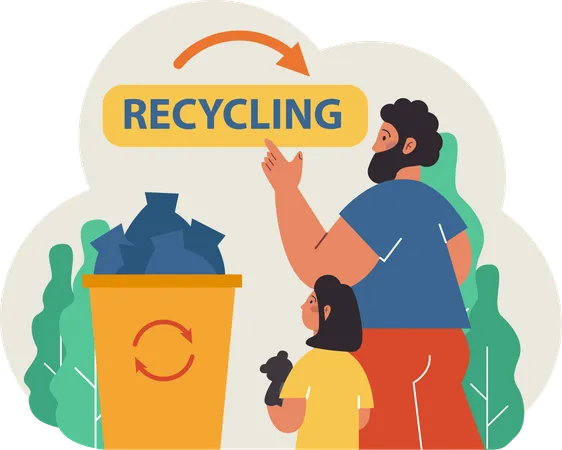 Father explaining recycling process to his daughter  Illustration
