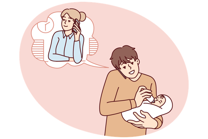 Father feeding baby talk with wife in office  Illustration