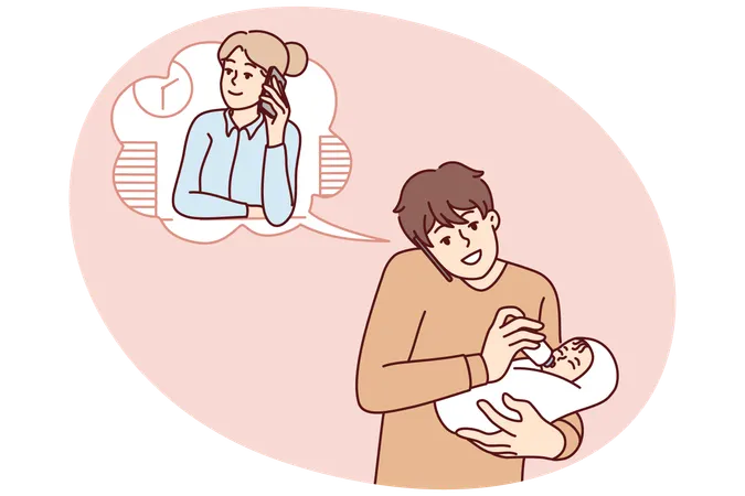 Father feeding baby talk with wife in office  Illustration
