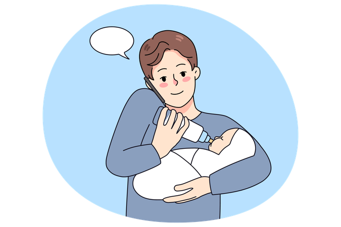 Father feeding newborn talking on phone  Illustration