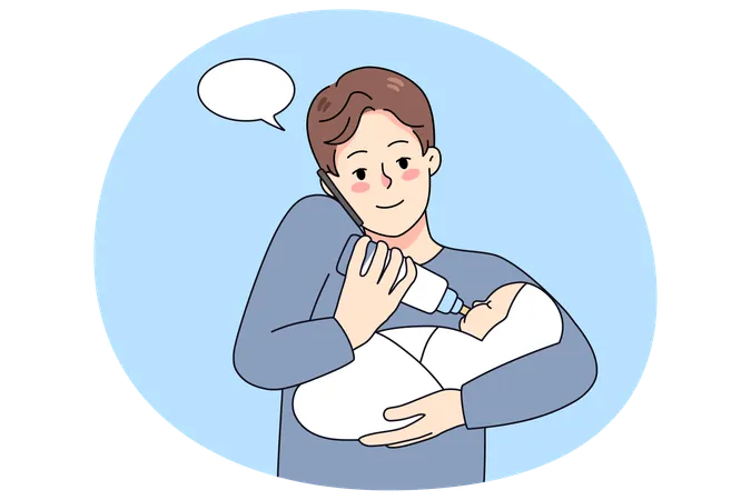 Father feeding newborn talking on phone  Illustration