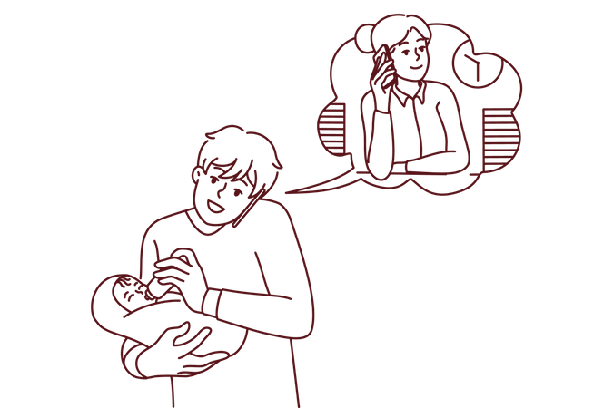 Father feeding to baby while wife working at office  Illustration