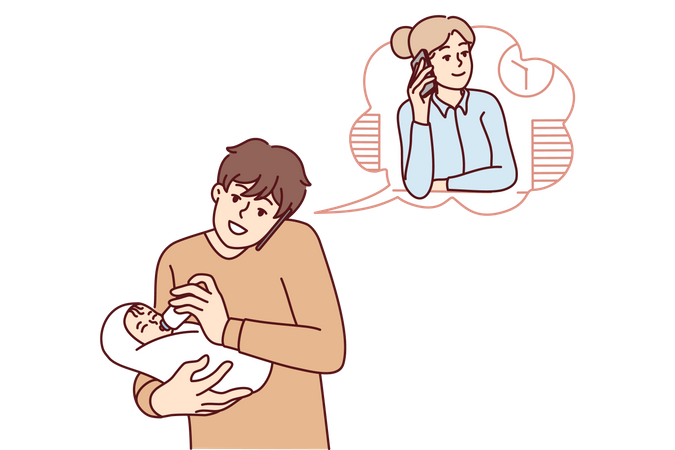 Father feeding to baby while wife working at office  Illustration