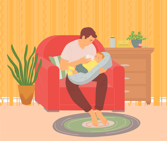 Father feeds baby with milk  Illustration