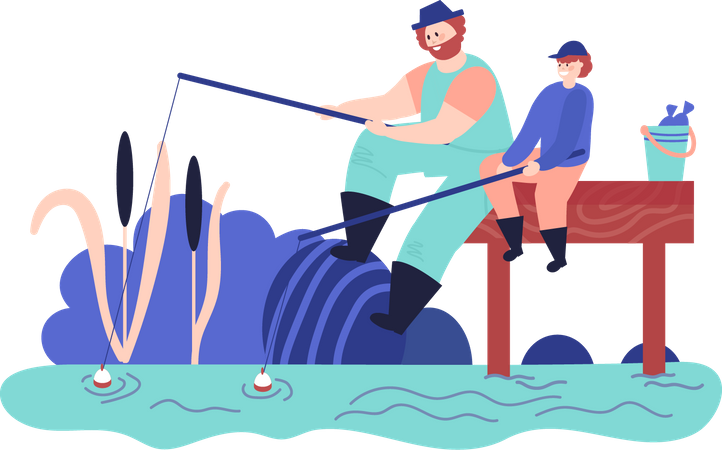 Father fishing with children  Illustration