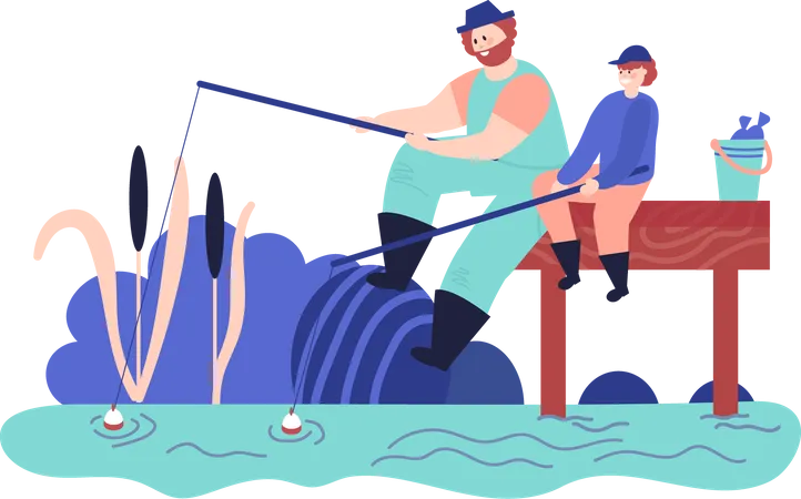 Father fishing with children  Illustration