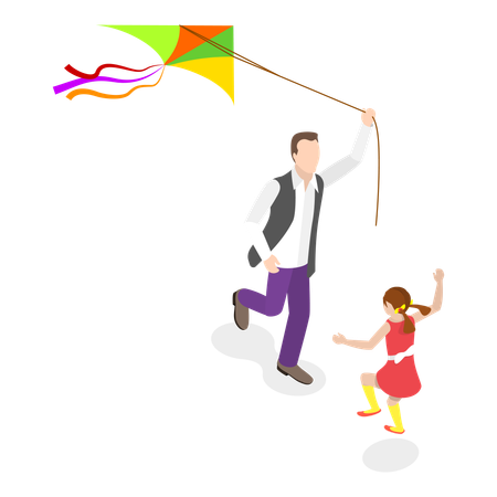 Father flying kite with daughter  Illustration