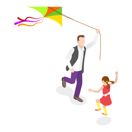 Father flying kite with daughter  Illustration