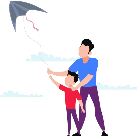 Father Flying Kite With Kid  Illustration