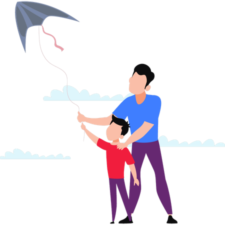 Father Flying Kite With Kid  Illustration