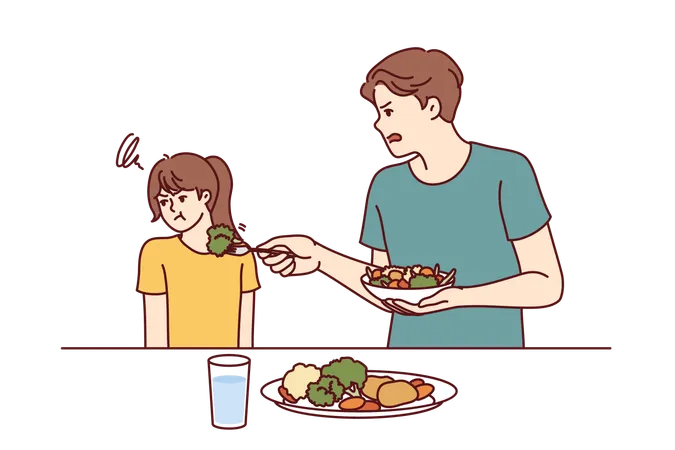 Child Does Not Want To Eat Salad And Green Vegetables Standing Near Father Trying To Teach Daughter Eat Healthy Food Stubborn Teenage Girl Refuses Healthy Vegetables And Turns Away Illustration