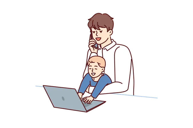 Father freelancer with baby in arms works with laptop and makes phone call during quarantine  Illustration