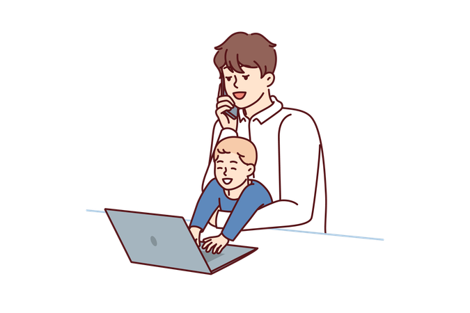 Father freelancer with baby in arms works with laptop and makes phone call during quarantine  Illustration