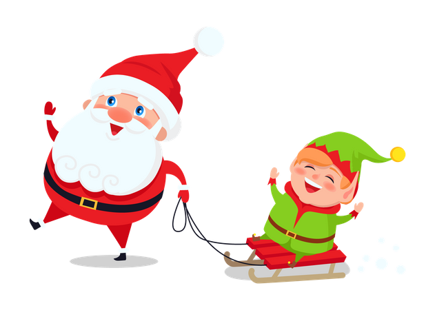 Father Frost and dwarf riding on sleigh and having fun  Illustration