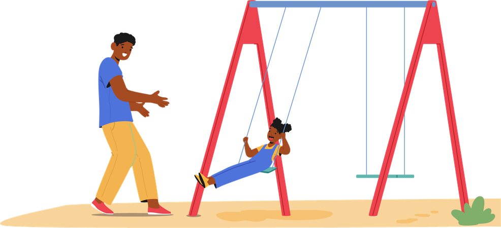 Father Gently Pushes Young Daughter On Swing  Illustration