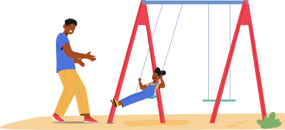 Father Gently Pushes Young Daughter On Swing  Illustration