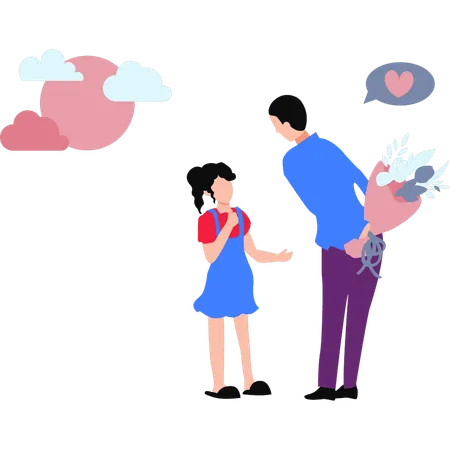 Father Giving Flowers To Girl  Illustration