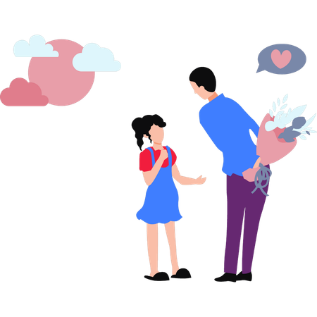 Father Giving Flowers To Girl  Illustration