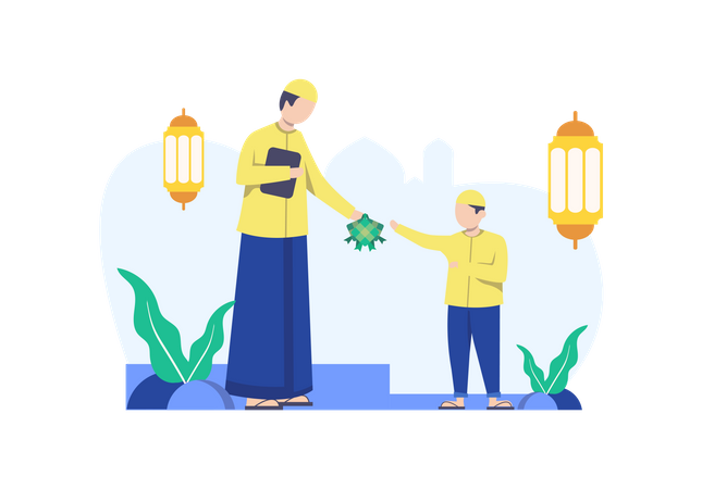 Father giving ketupat to son Illustration