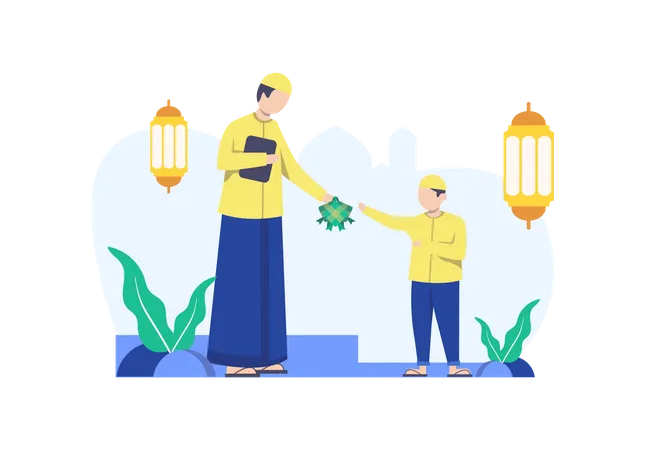 Father giving ketupat to son  Illustration