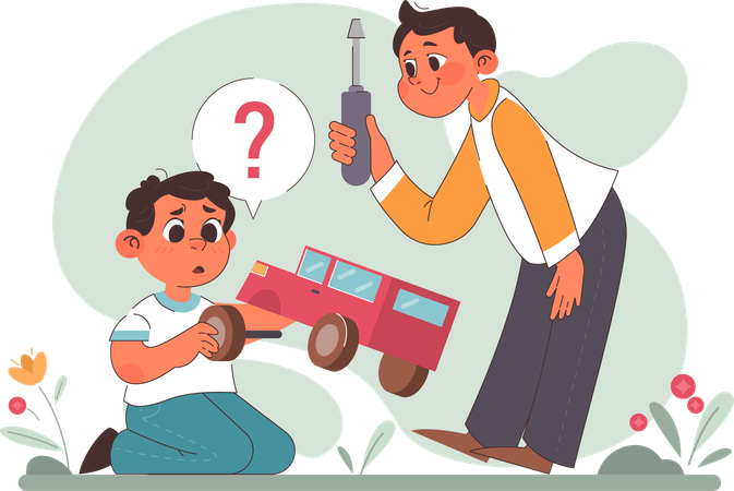 Father giving screwdriver to child for repairing toy  Illustration