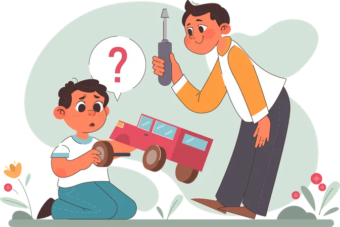 Father giving screwdriver to child for repairing toy  Illustration