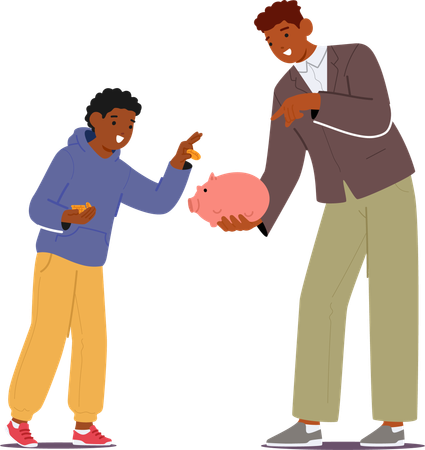 Father Guides His Son and Imparting Value Of Saving By Dropping Coins Into Piggy Bank  Illustration