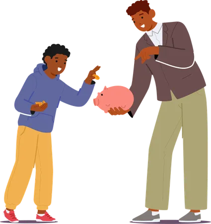 Father Guides His Son and Imparting Value Of Saving By Dropping Coins Into Piggy Bank  Illustration