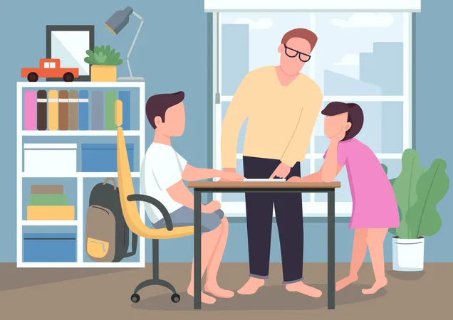 Father help kids with homework Illustration