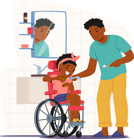 Father Helping Daughter In Wheelchair Brush Teeth In Bathroom  Illustration