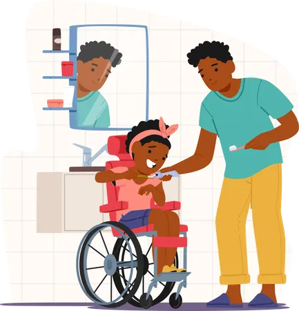 Father Helping Daughter In Wheelchair Brush Teeth In Bathroom  Illustration