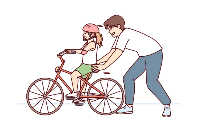 Father helping daughter to learn cycling  Illustration