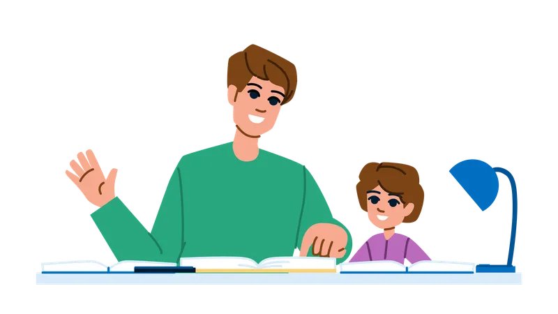 Doing Homework Father Vector Parent Dad Child Kid Study Man Son Boy Student Family Doing Homework Father Character People Flat Cartoon Illustration Illustration