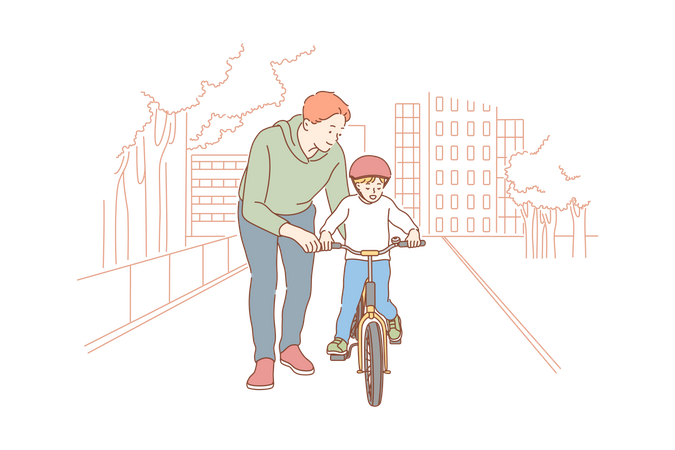 Father helping son for riding cycle  Illustration