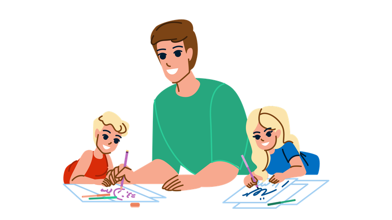 Father helping to drawing homework  일러스트레이션