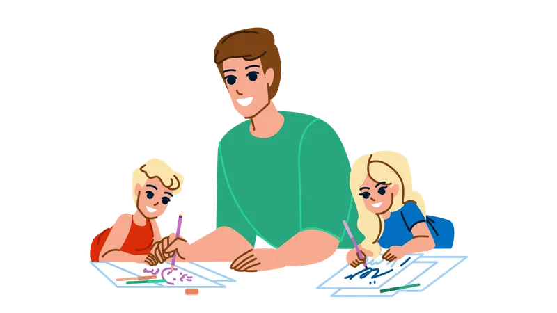 Family Drawing Vector Father Son Daughter Child Family Happy Art Girl Draw Home Graphic Kid Fun Family Drawing Character People Flat Cartoon Illustration Illustration