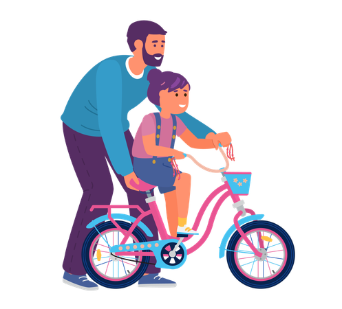 Father helps the child ride bicycle  Illustration