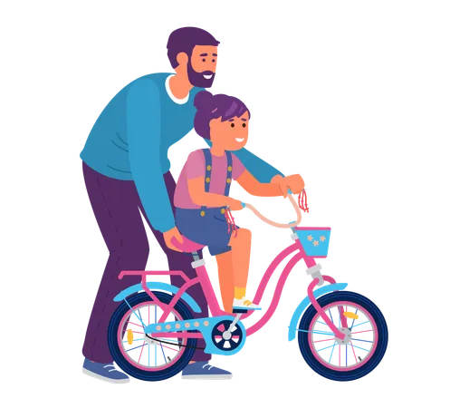 Father helps the child ride bicycle  Illustration