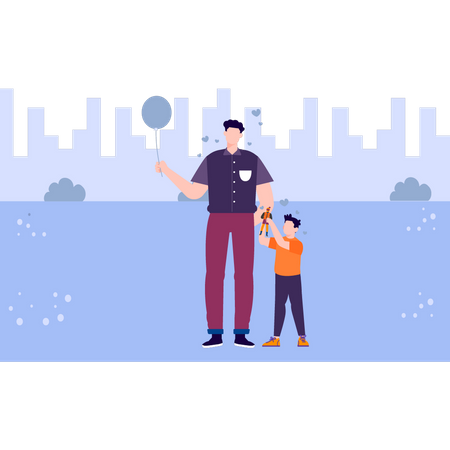 Father holding balloon and son playing with toys  Illustration