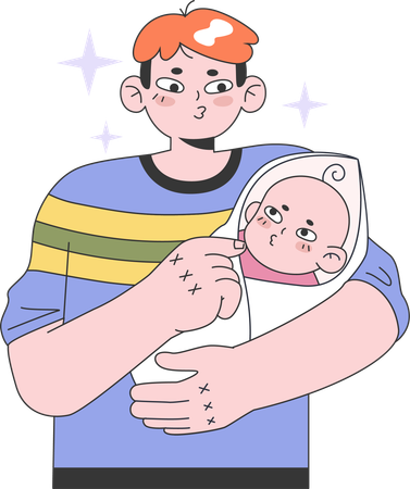 Father holding born baby  イラスト