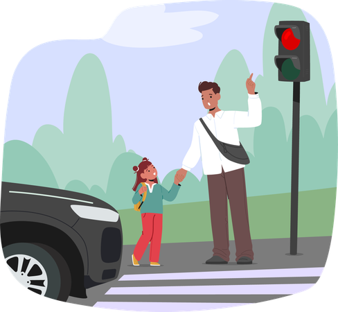 Father Holding Daughter Hand While Crossing Street At Pedestrian Crossing With Red Light Signal  Illustration