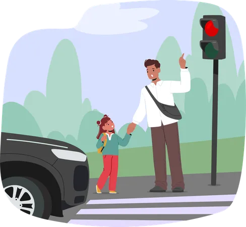 Father Holding Daughter Hand While Crossing Street At Pedestrian Crossing With Red Light Signal  Illustration