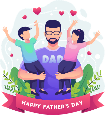 Father holding his two children Illustration