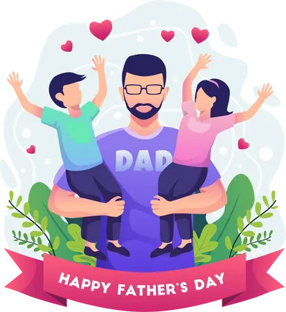 Father holding his two children Illustration