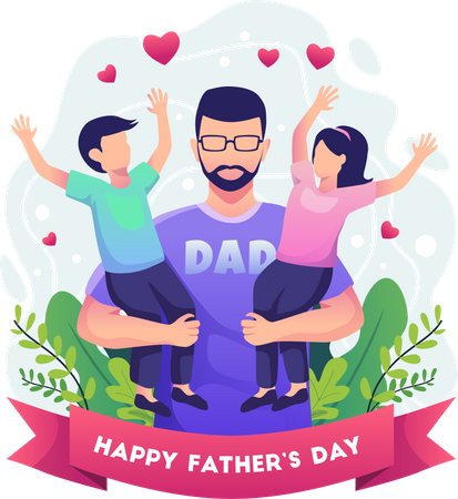 Father holding his two children  Illustration