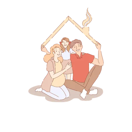 Husband Pregnant Wife And Daughter Father Holding Roof Togetherness Metaphor Young Family Housing Program Banner Happy Parents With Child Concept Cartoon Sketch Flat Vector Illustration Illustration