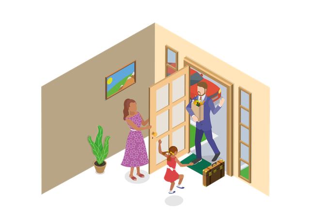 Father Homecoming and Happy Family  Illustration