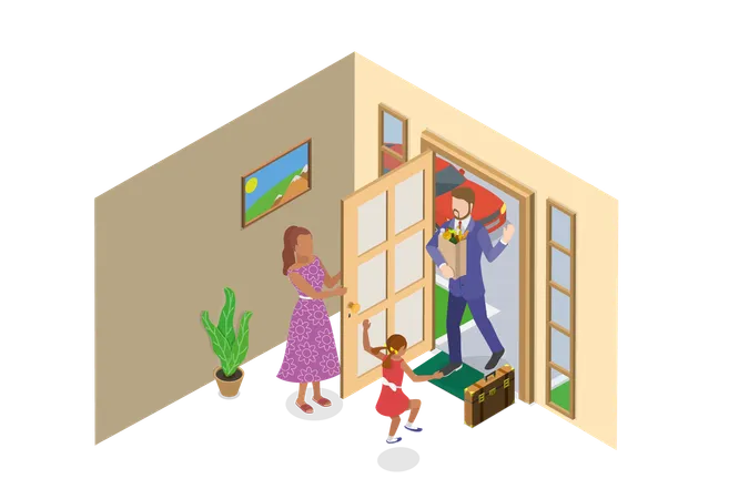 3 D Isometric Flat Vector Illustration Of Father Homecoming Happy Family Illustration